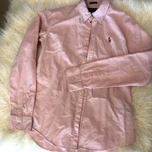 90’s Ralph Lauren button down. Pink and white vertical stripe vintage / retro